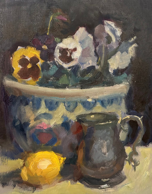 Pansies and Pewter Mug (14 x 11 Inches)