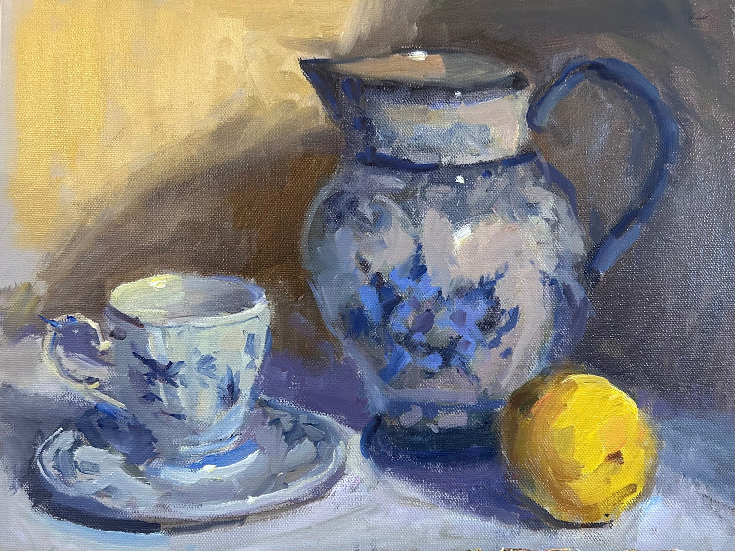 Blue and White Pitcher and Teacup (11 x 14 Inches)