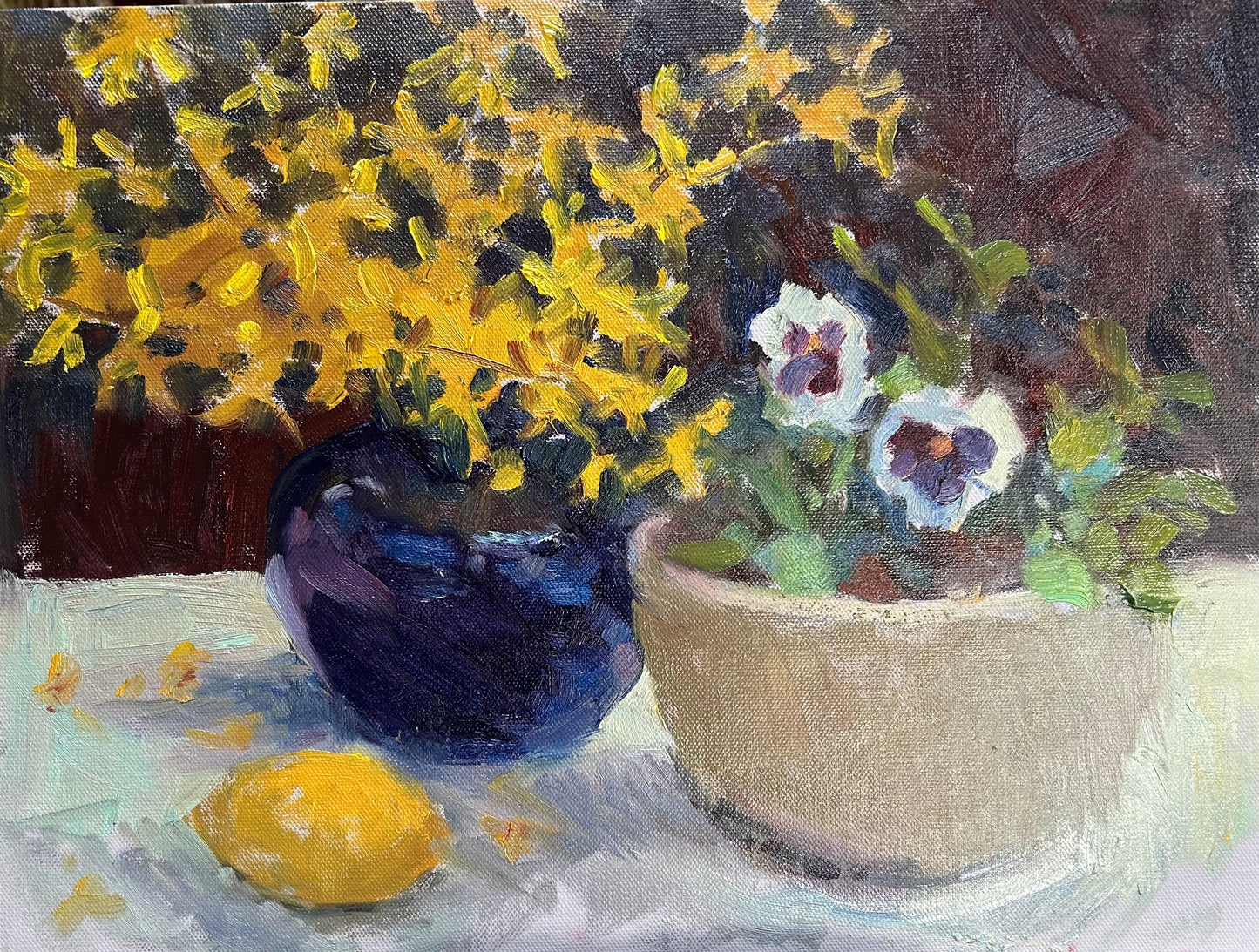 Forsythia and Pansies (12 x 16 Inches)