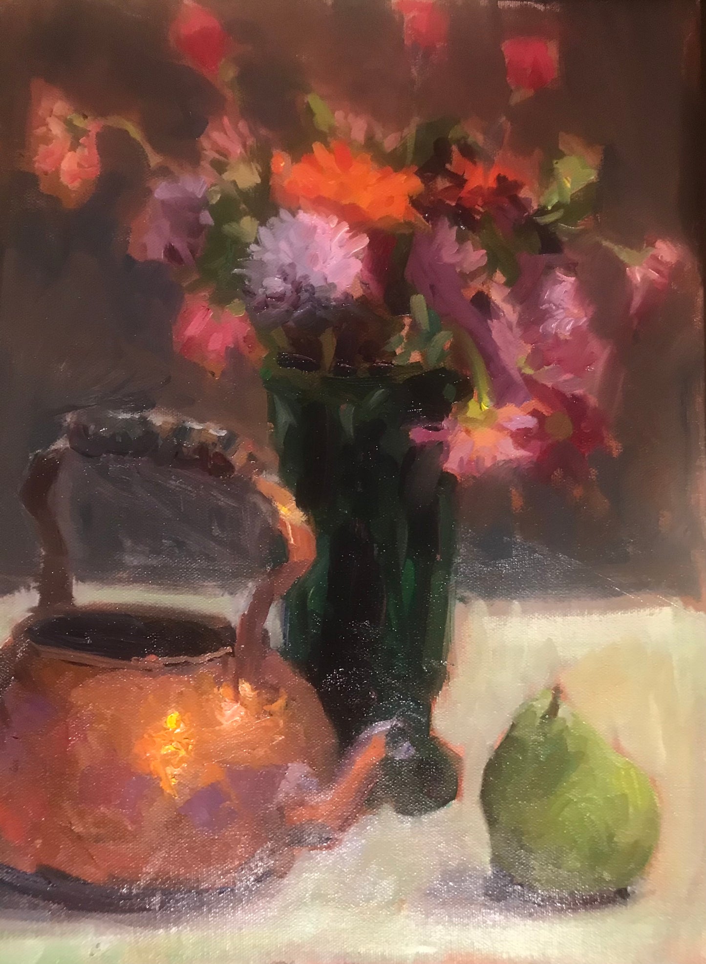 Flowers, Teapot, and Pear (16 x 12 Inches)
