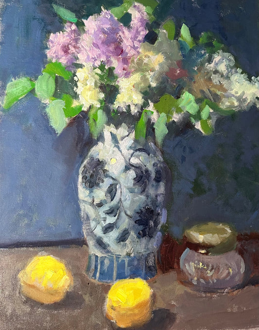Lilacs in a Patterned Vase (20 x 16 Inches)