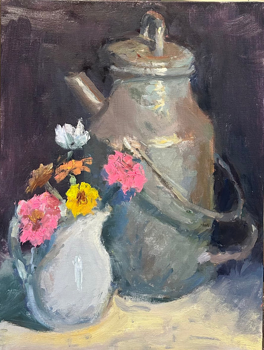 Milk Pail, Pitcher, and Zinnias (16 x 12 Inches)