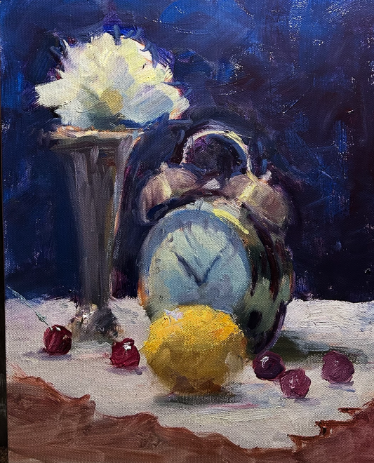 White Carnation and Clock (14 x 11 Inches)