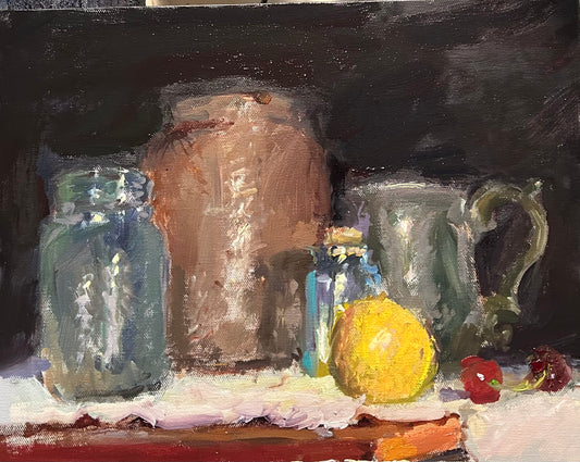 "Still Life with Crock, Mason Jar, and Pewter Mug" (11 x 14 Inches)