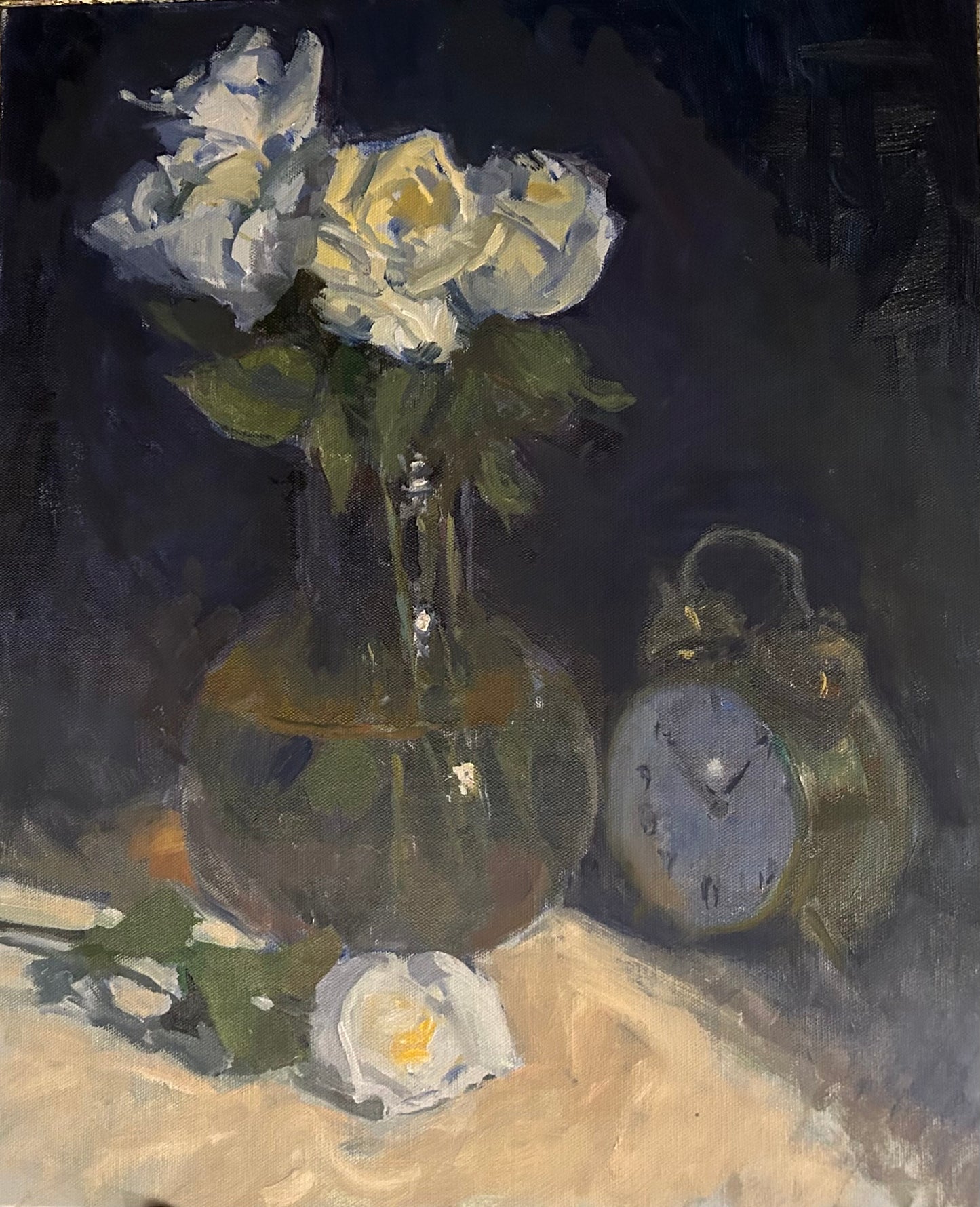 White Roses and Clock (20 x 16 Inches)